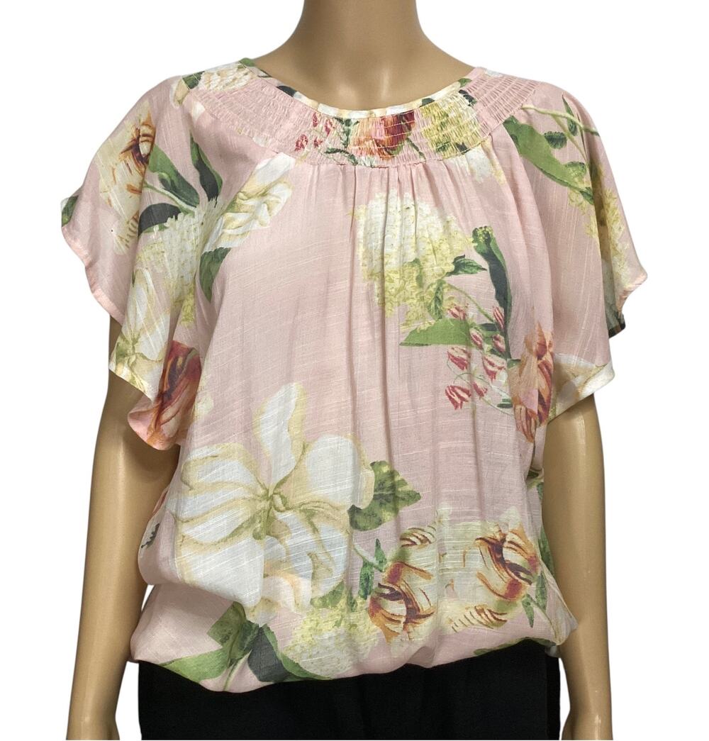 Harve Benard Pink Floral Flutter Sleeve Smocked Neck Blouse Top Women’s sz XL